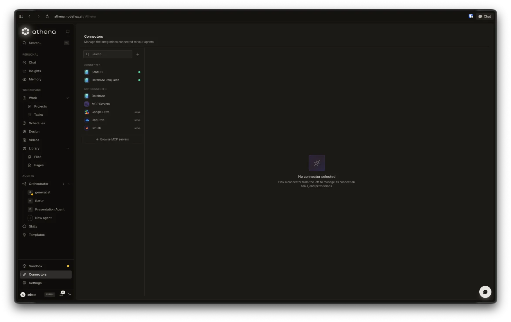 Athena's Connectors screen listing connected databases alongside available Google Drive, OneDrive, GitLab and MCP server integrations