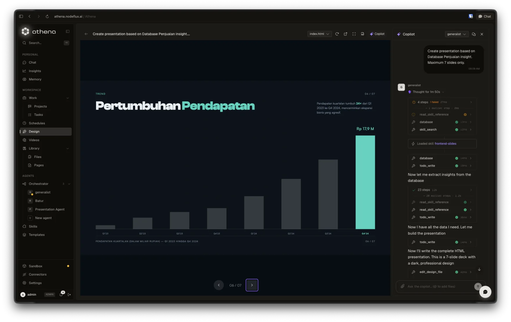 Athena's design workspace showing a generated revenue-growth slide beside the Copilot's reasoning steps