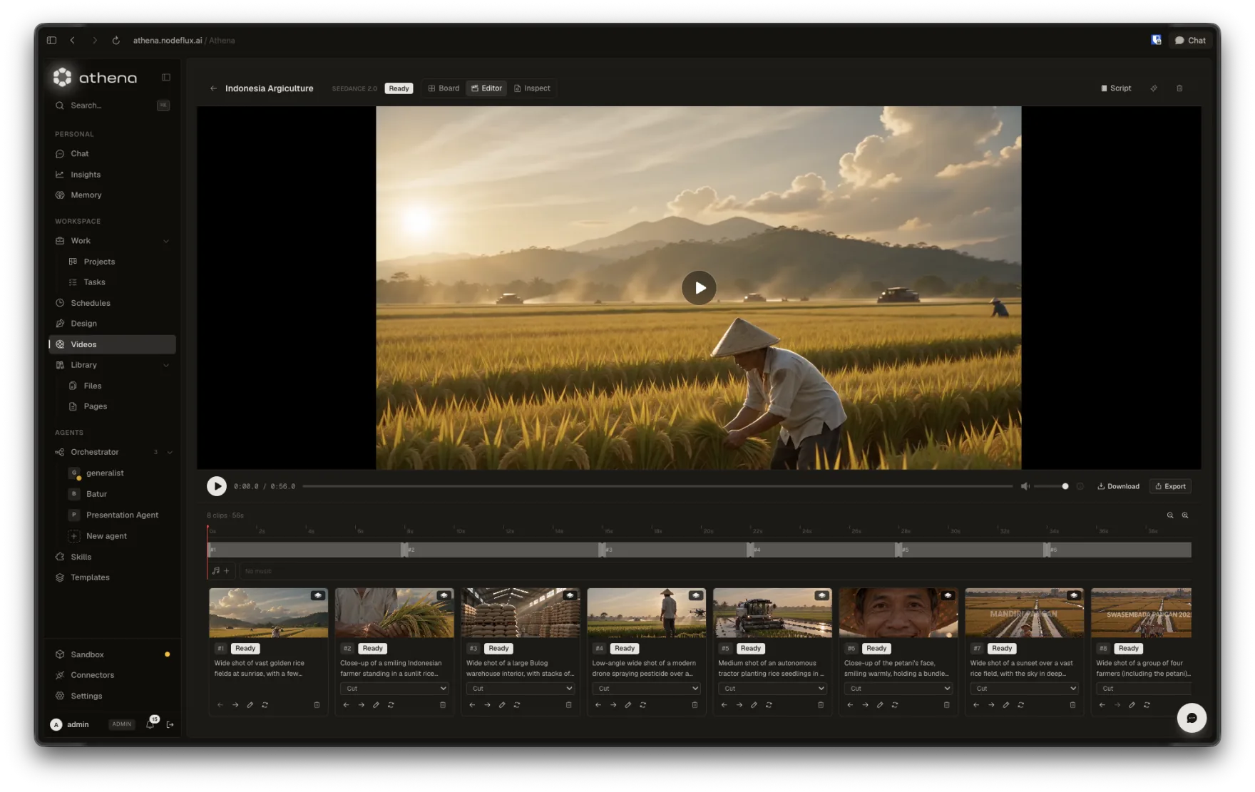 Athena's video editor previewing a generated film about Indonesian agriculture with an eight-clip timeline