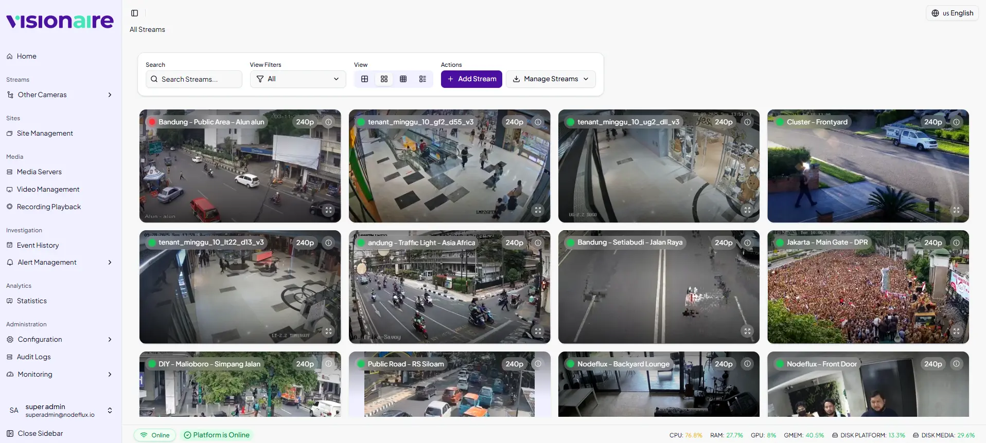 Nodeflux VisionAIre live monitoring console